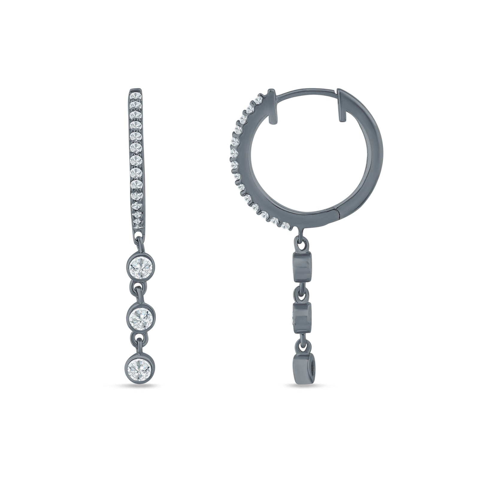 Three Stone Charm Oblong Hoop Earring Cubic Zirconia 925 Sterling Silver