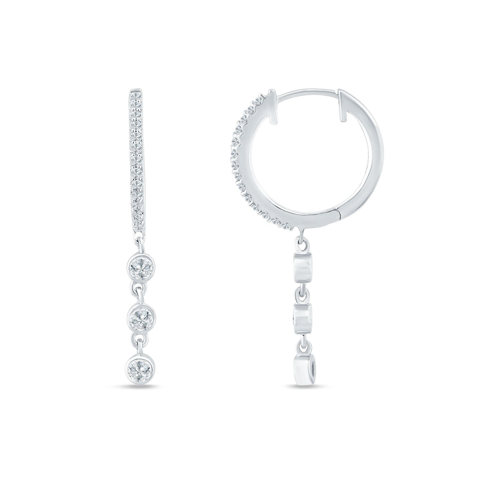 Three Stone Charm Oblong Hoop Earring Cubic Zirconia 925 Sterling Silver