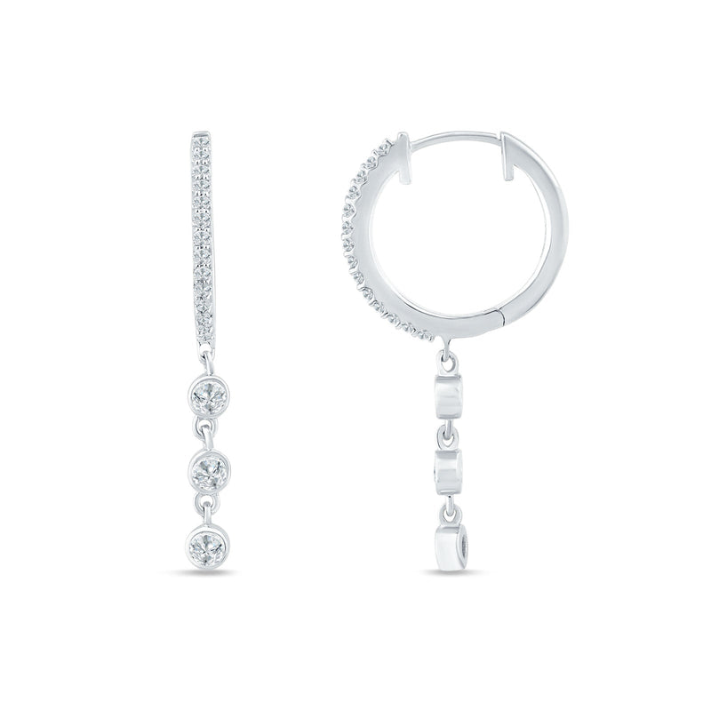 Three Stone Charm Oblong Hoop Earring Cubic Zirconia 925 Sterling Silver