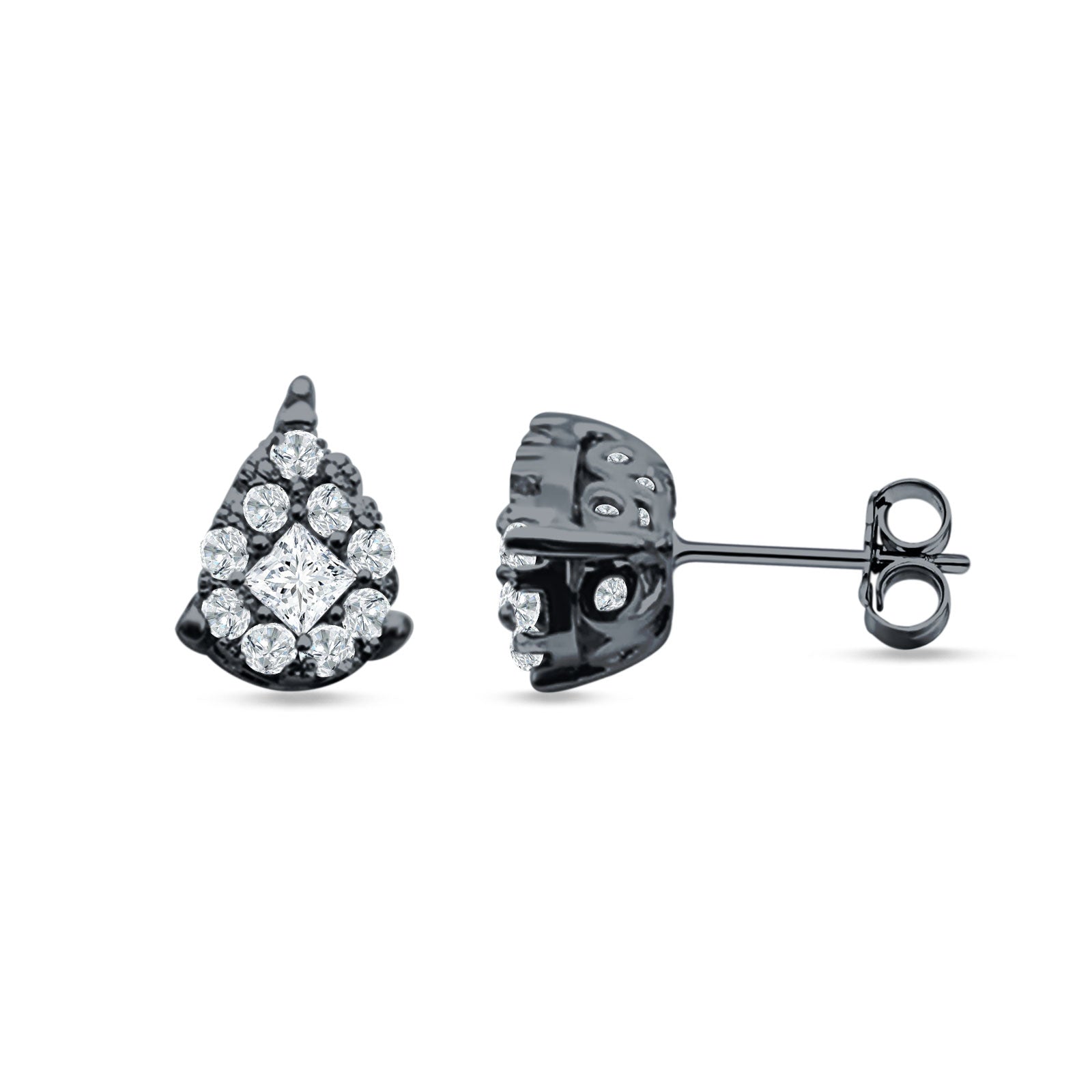 Pear Teardrop Stud Earring Round & Princess Cubic Zirconia 925 Sterling Silver