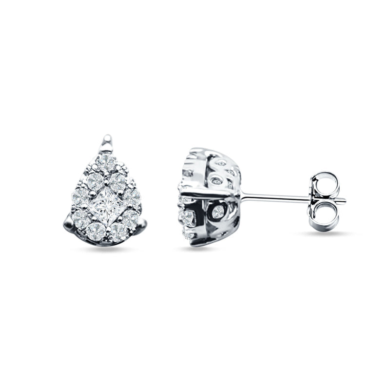 Pear Teardrop Stud Earring Round & Princess Cubic Zirconia 925 Sterling Silver
