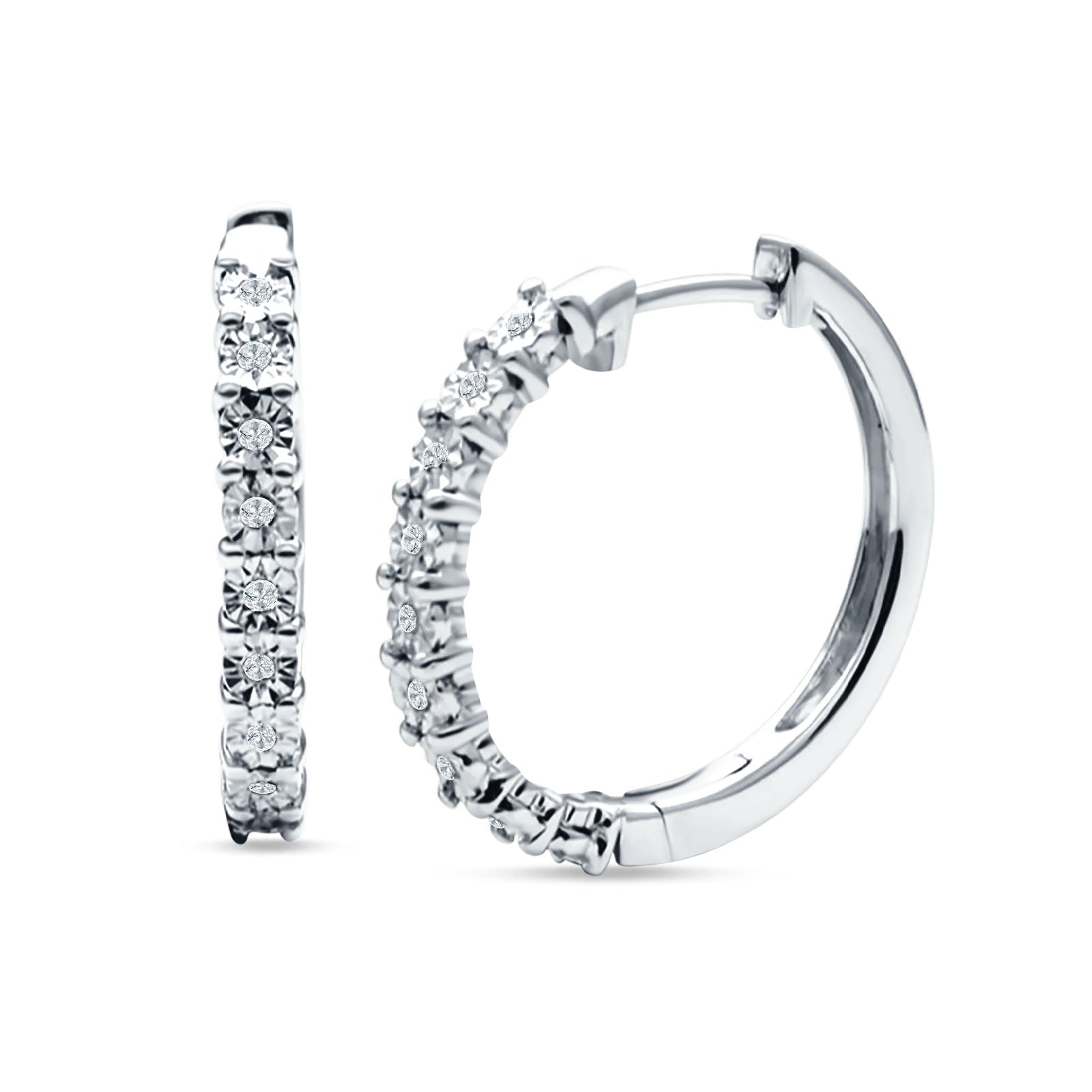 Round Engraved Flower Huggie Hoop Earring Cubic Zirconia 925 Sterling Silver