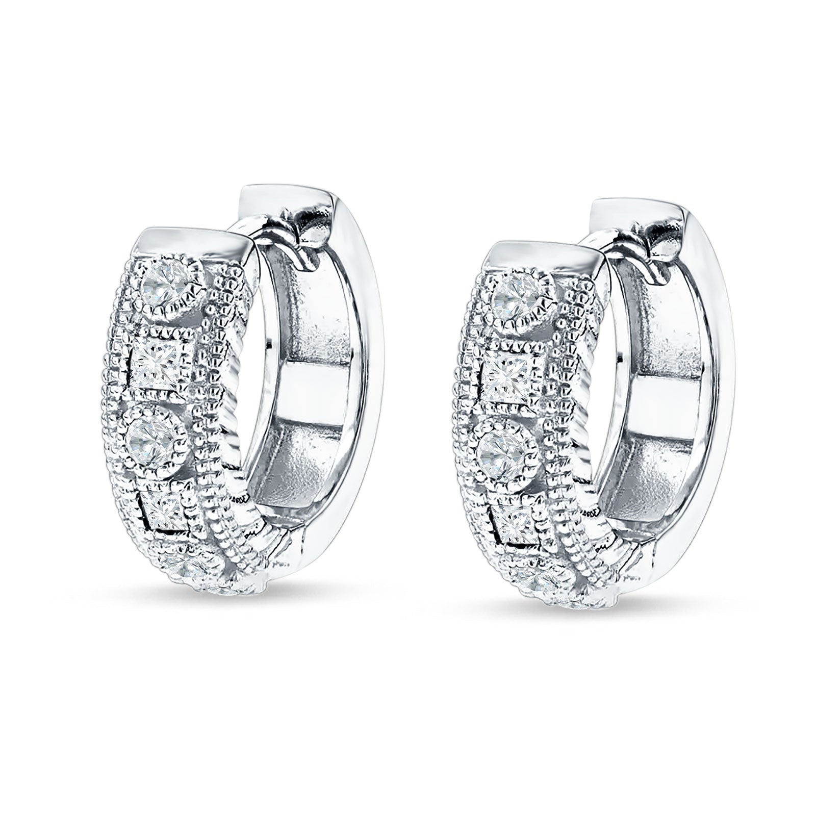Round & Princess Cut Cubic Zirconia Huggie Hoop Earring 925 Sterling Silver