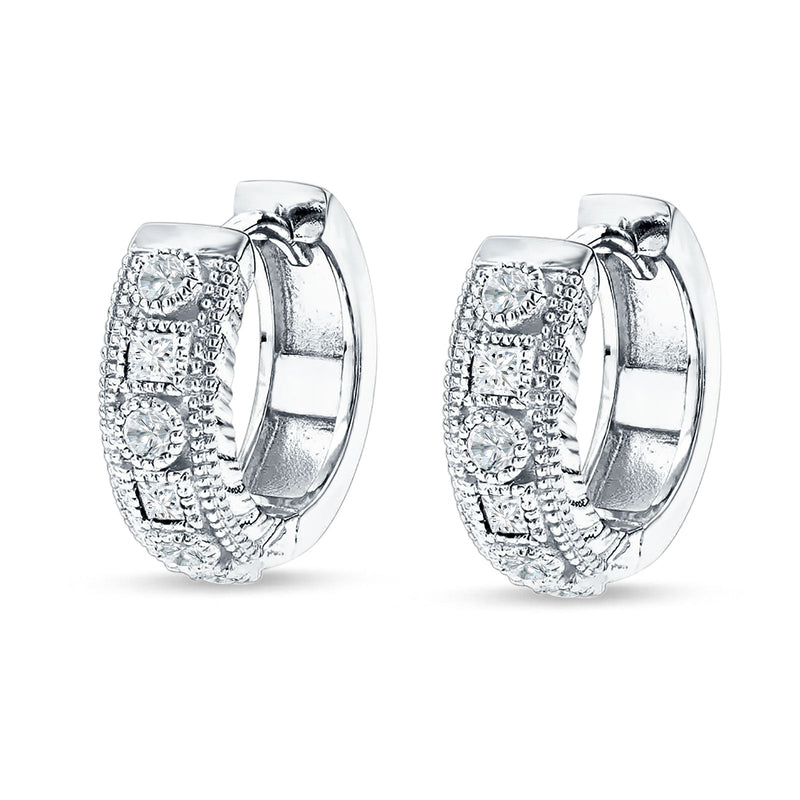 Round & Princess Cut Cubic Zirconia Huggie Hoop Earring 925 Sterling Silver
