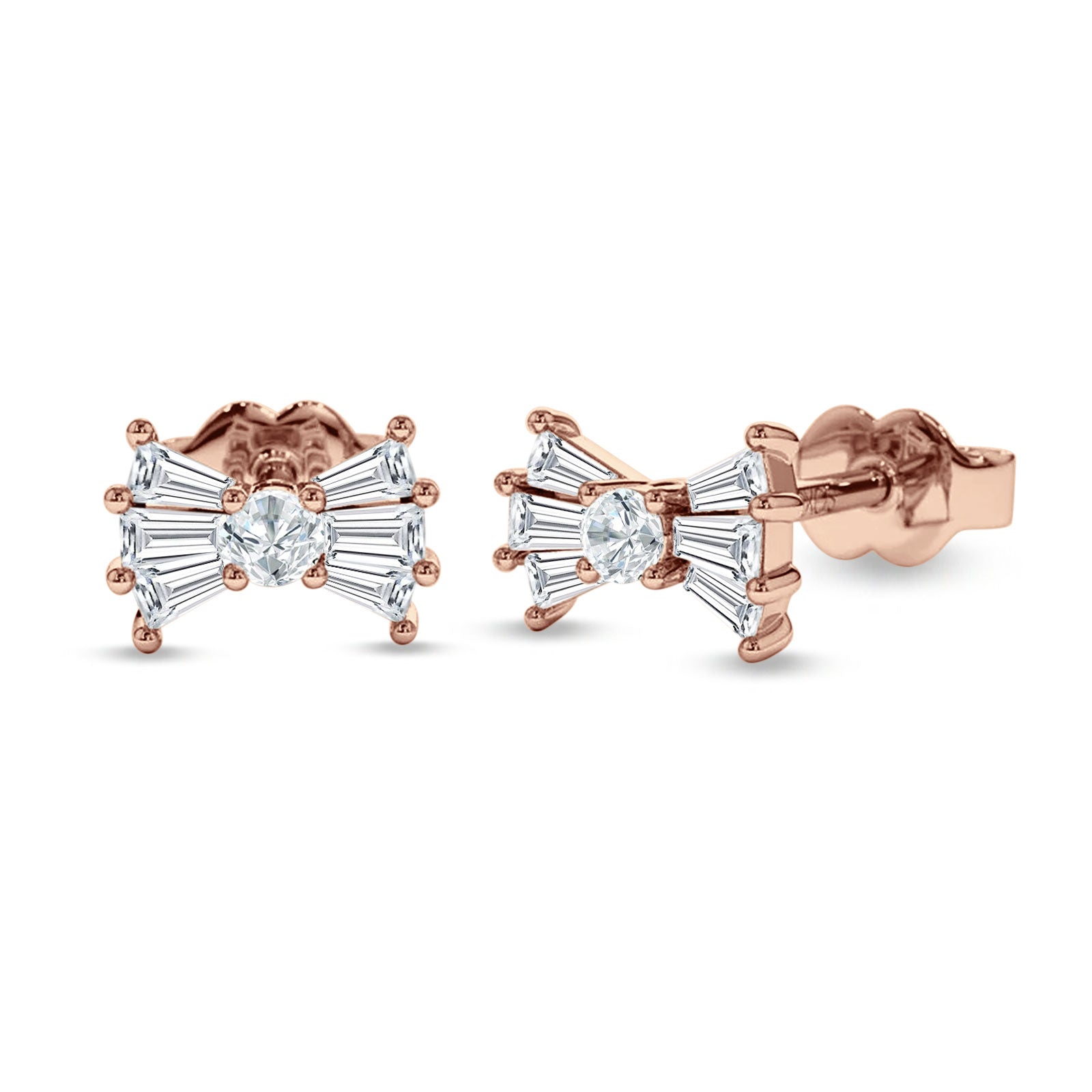 Baguette & Round Bow Stud Earring Cubic Zirconia 925 Sterling Silver