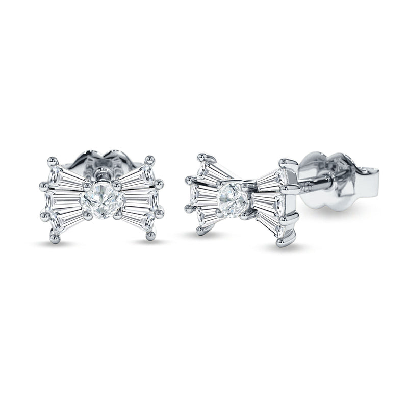 Baguette & Round Bow Stud Earring Cubic Zirconia 925 Sterling Silver