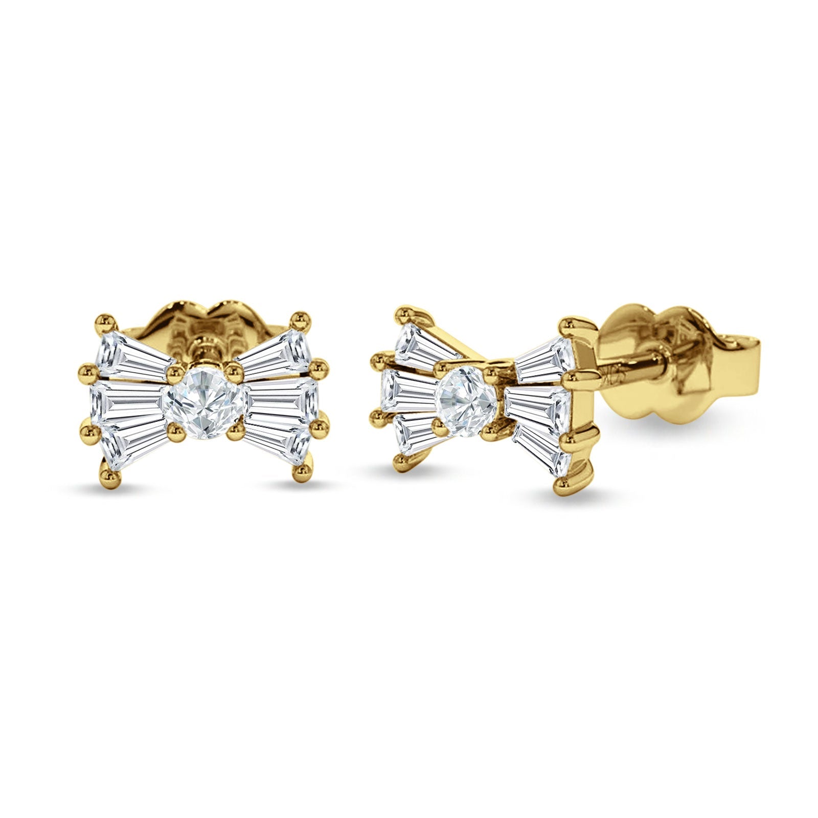 Baguette & Round Bow Stud Earring Cubic Zirconia 925 Sterling Silver