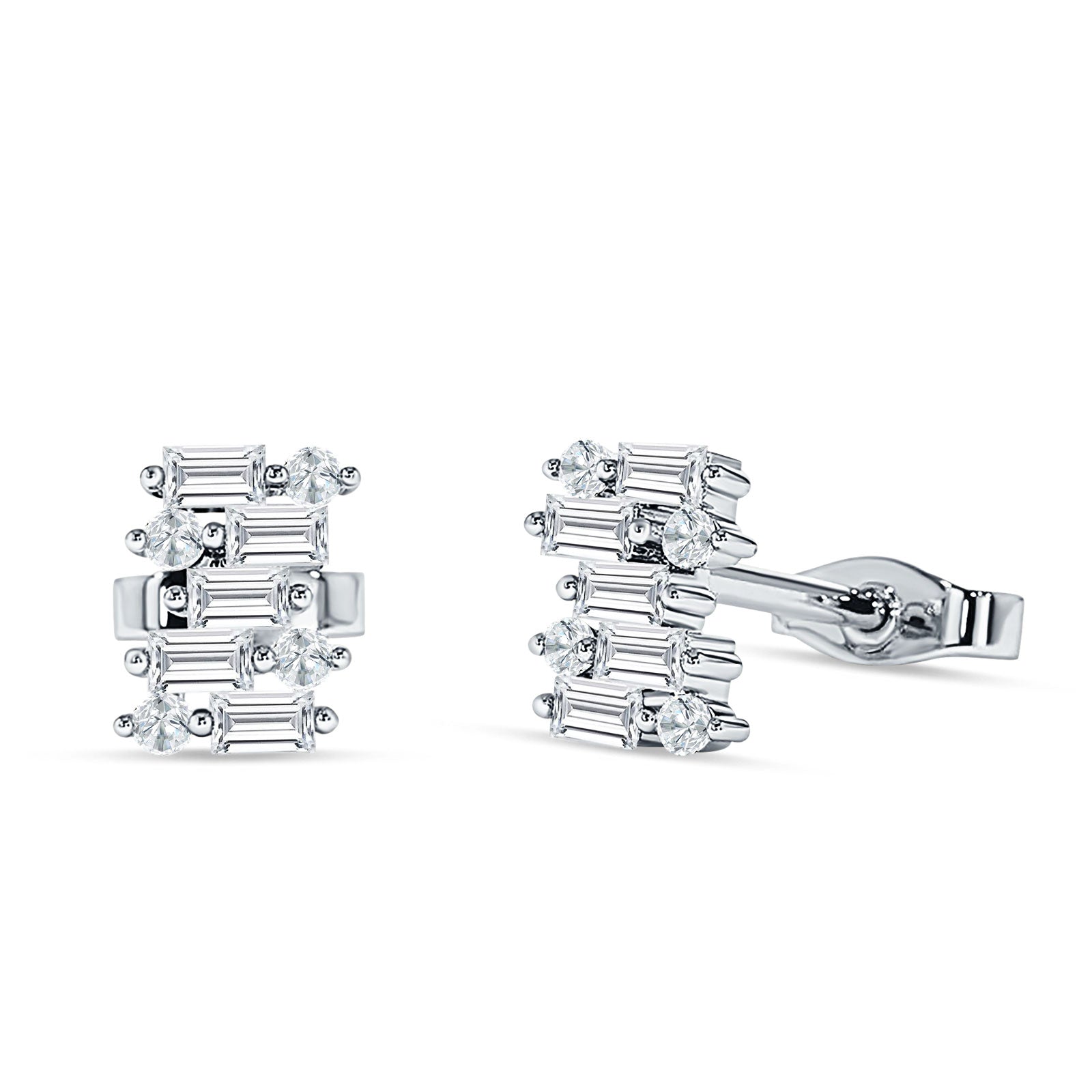 Baguette & Round Cluster Stud Earring Cubic Zirconia 925 Sterling Silver