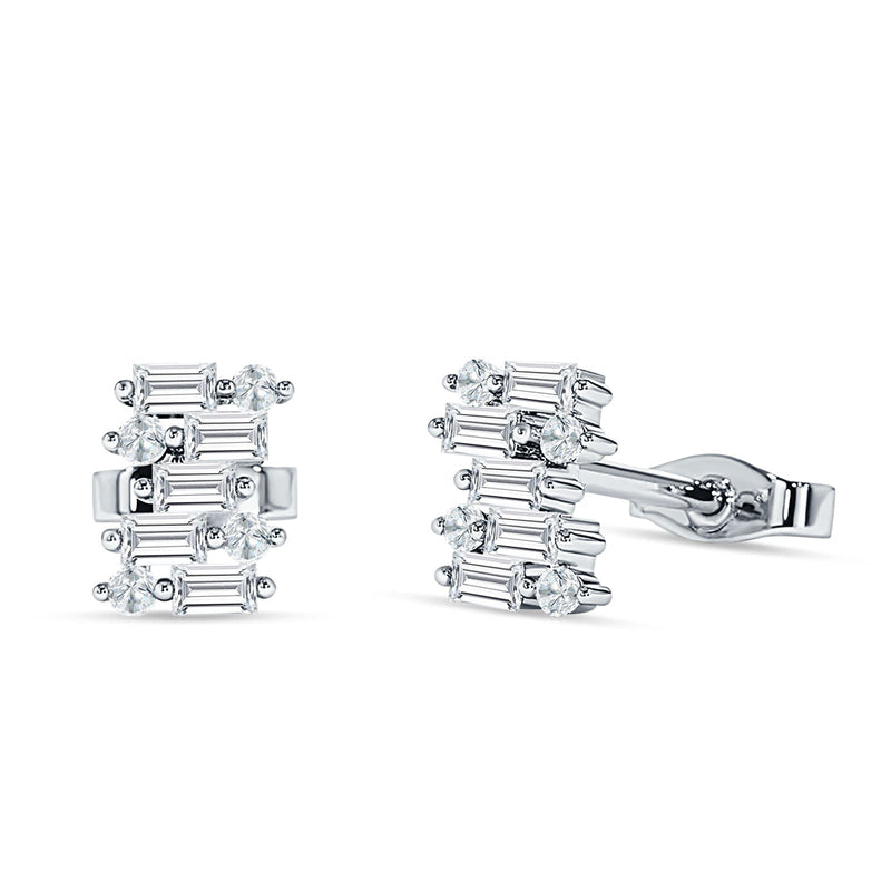Baguette & Round Cluster Stud Earring Cubic Zirconia 925 Sterling Silver