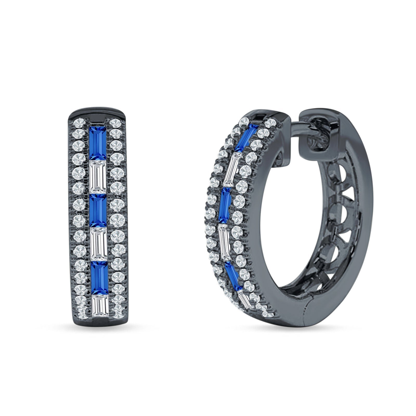 Round & Baguette Cubic Zirconia Huggie Hoop Earring 925 Sterling Silver