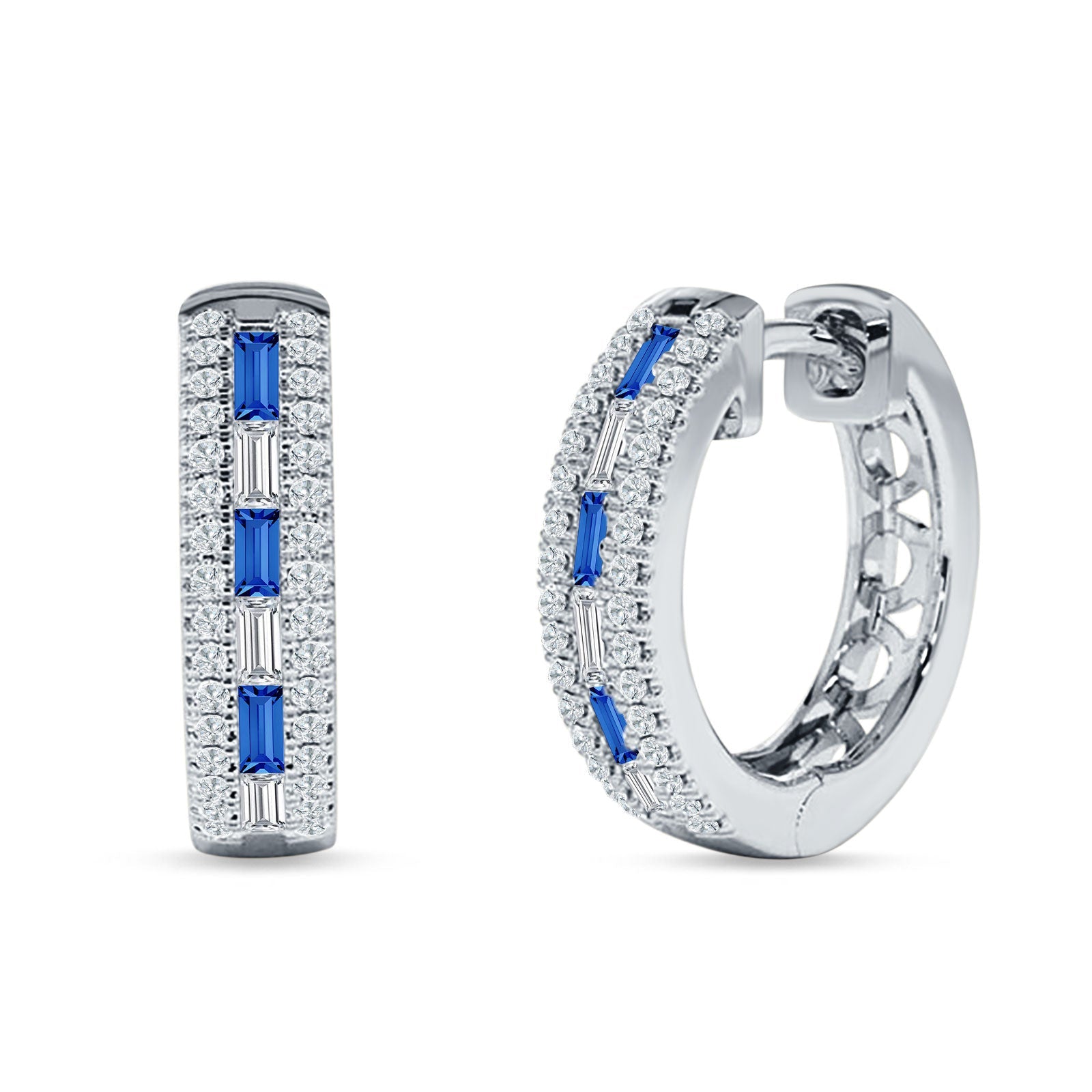 Round & Baguette Cubic Zirconia Huggie Hoop Earring 925 Sterling Silver