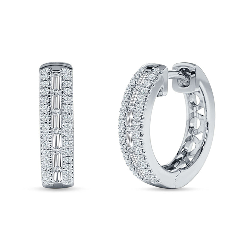 Round & Baguette Cubic Zirconia Huggie Hoop Earring 925 Sterling Silver