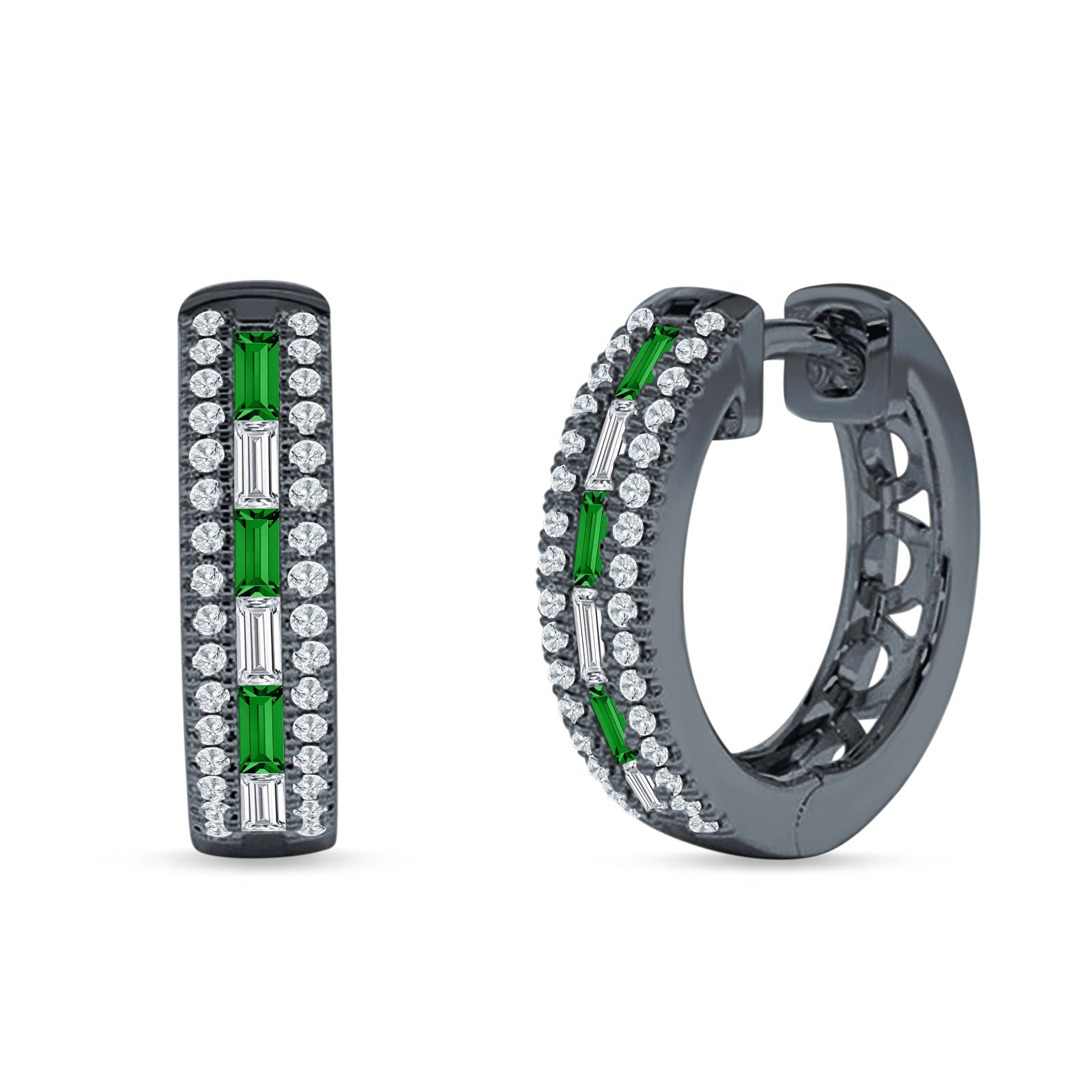 Round & Baguette Cubic Zirconia Huggie Hoop Earring 925 Sterling Silver