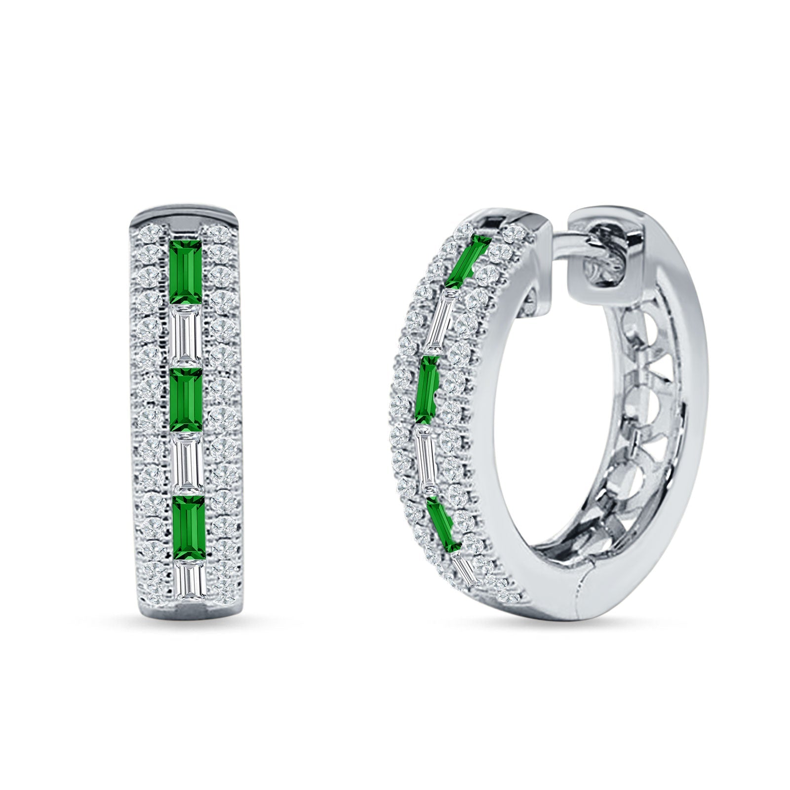 Round & Baguette Cubic Zirconia Huggie Hoop Earring 925 Sterling Silver