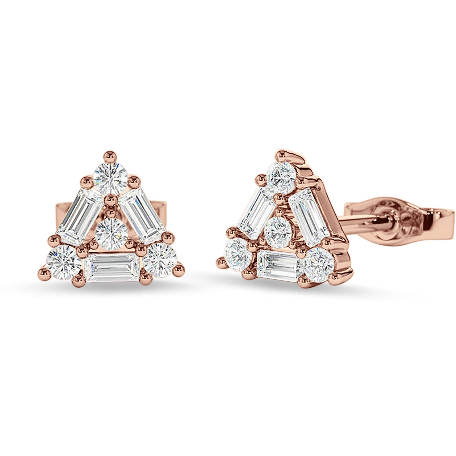 Triangular Shaped Baguette & Round Cubic Zirconia Stud Earring 925 Sterling Silver