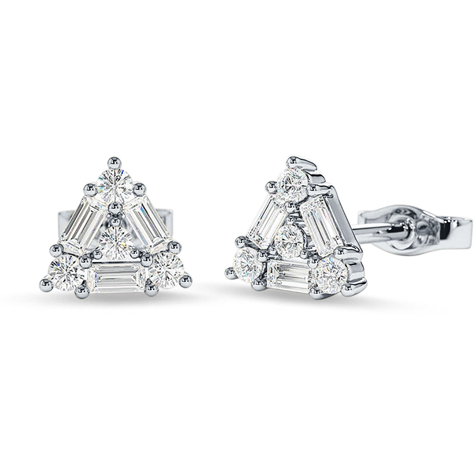 Triangular Shaped Baguette & Round Cubic Zirconia Stud Earring 925 Sterling Silver