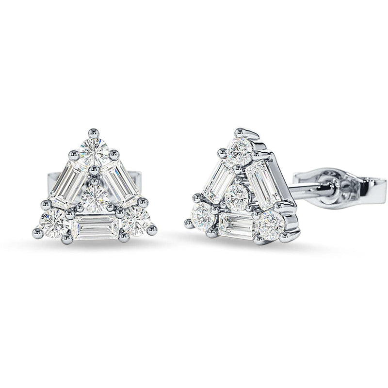 Triangular Shaped Baguette & Round Cubic Zirconia Stud Earring 925 Sterling Silver