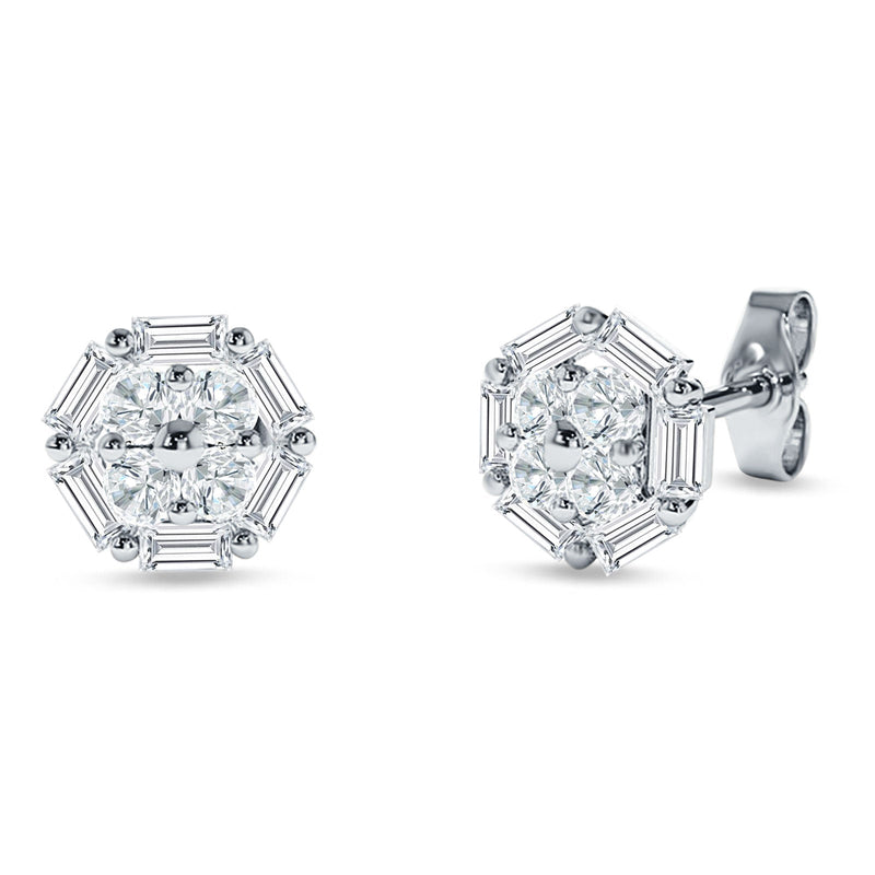 Hexagonal Stud Earring Baguette & Round Cubic Zirconia 925 Sterling Silver