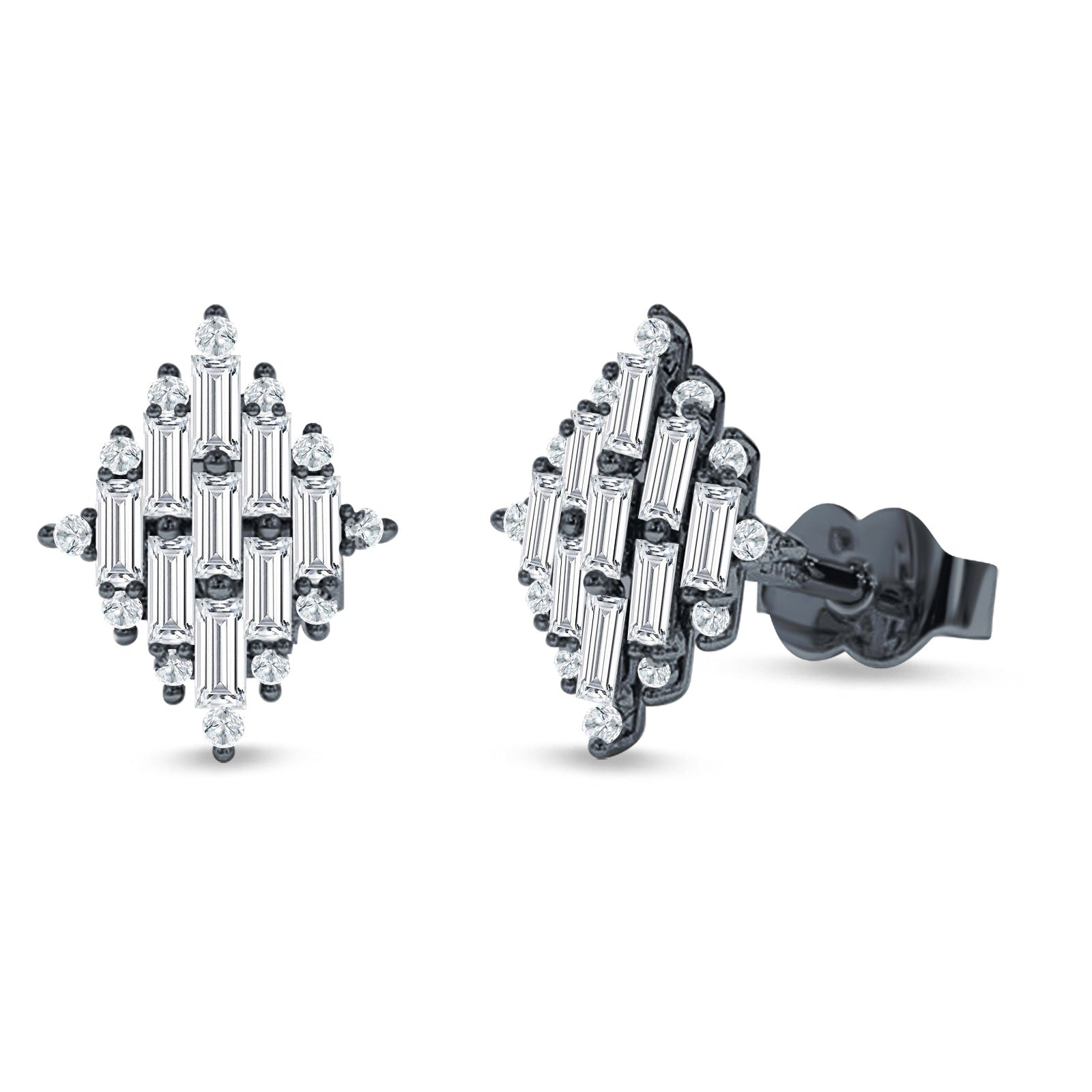 Baguette & Round Cubic Zirconia Cluster Stud Earring 925 Sterling Silver