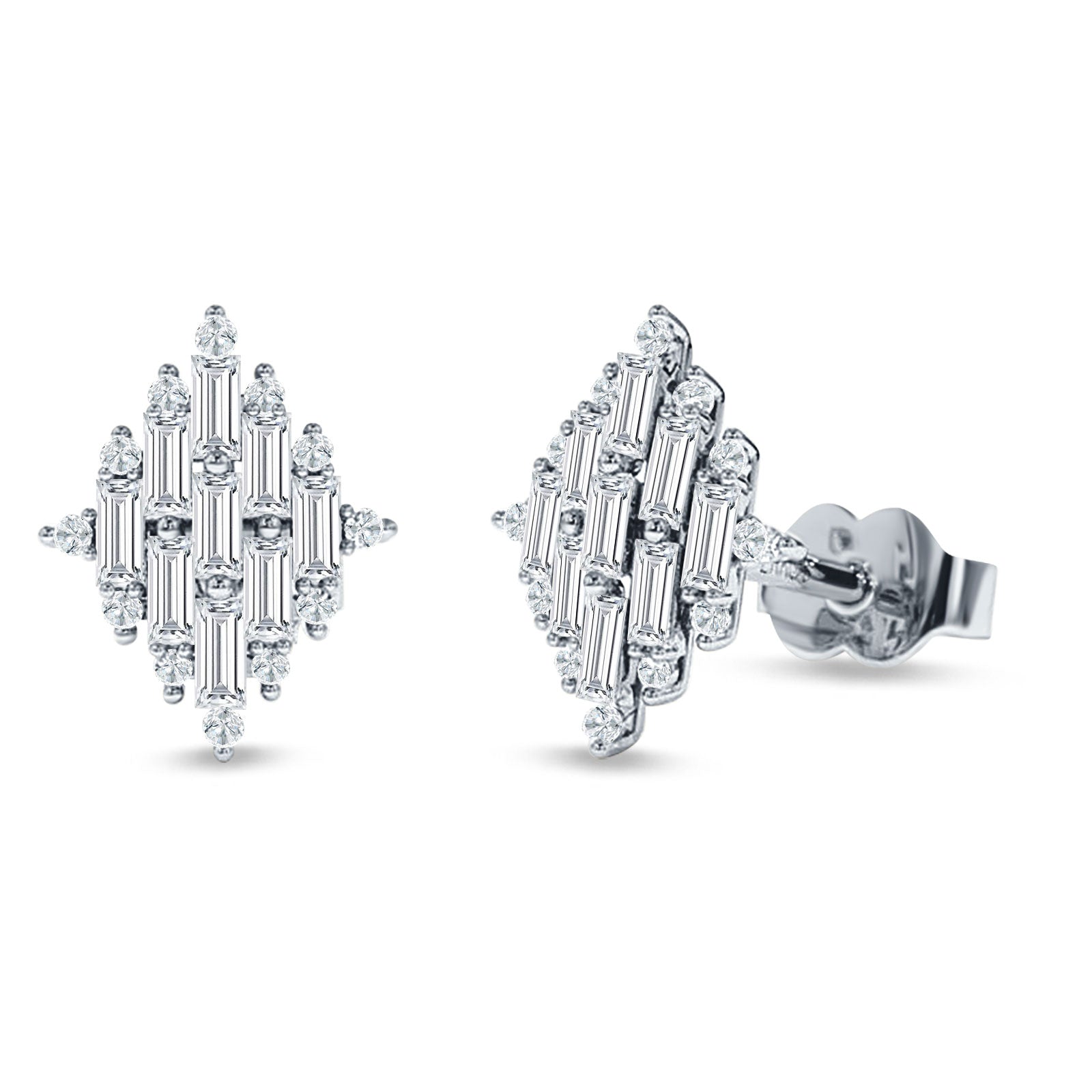 Baguette & Round Cubic Zirconia Cluster Stud Earring 925 Sterling Silver