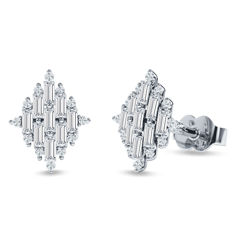 Baguette & Round Cubic Zirconia Cluster Stud Earring 925 Sterling Silver