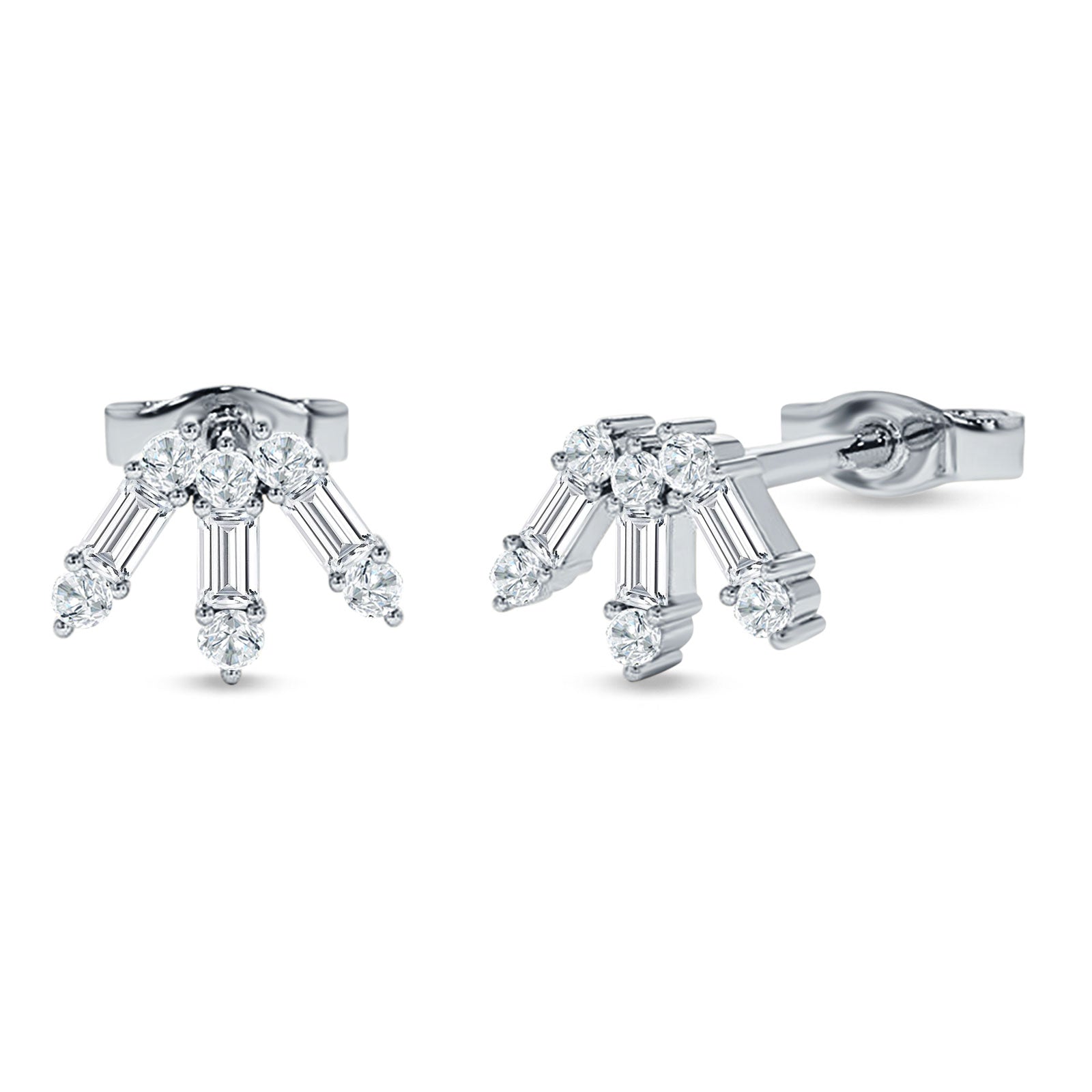 Floral Stud Earrings Baguette & Round Cubic Zirconia 925 Sterling Silver