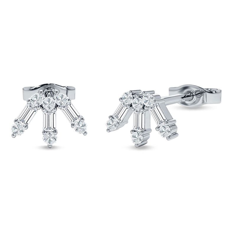 Floral Stud Earrings Baguette & Round Cubic Zirconia 925 Sterling Silver