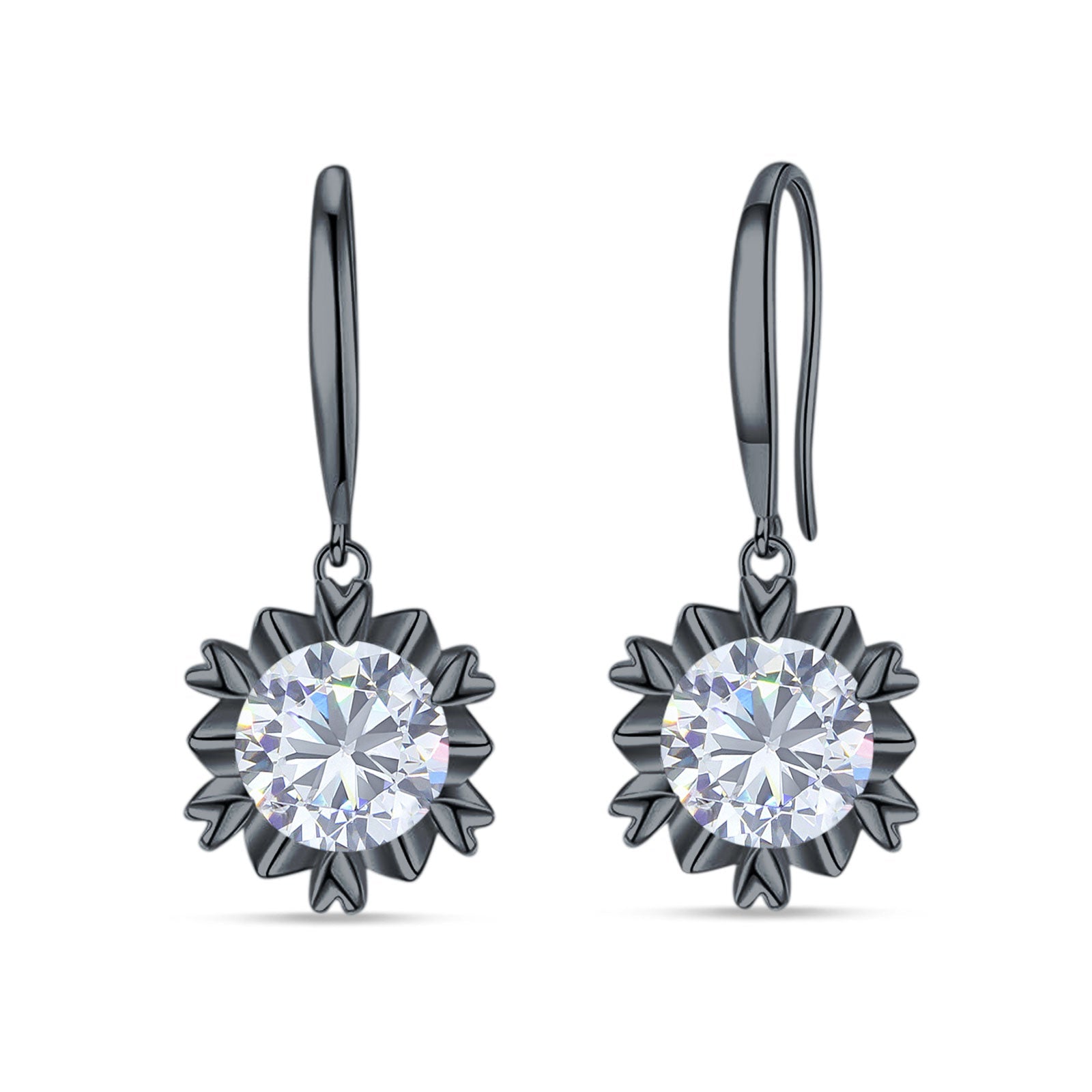Round Cubic Zirconia Flower Heart Designer Fishhook Earring 925 Sterling Silver