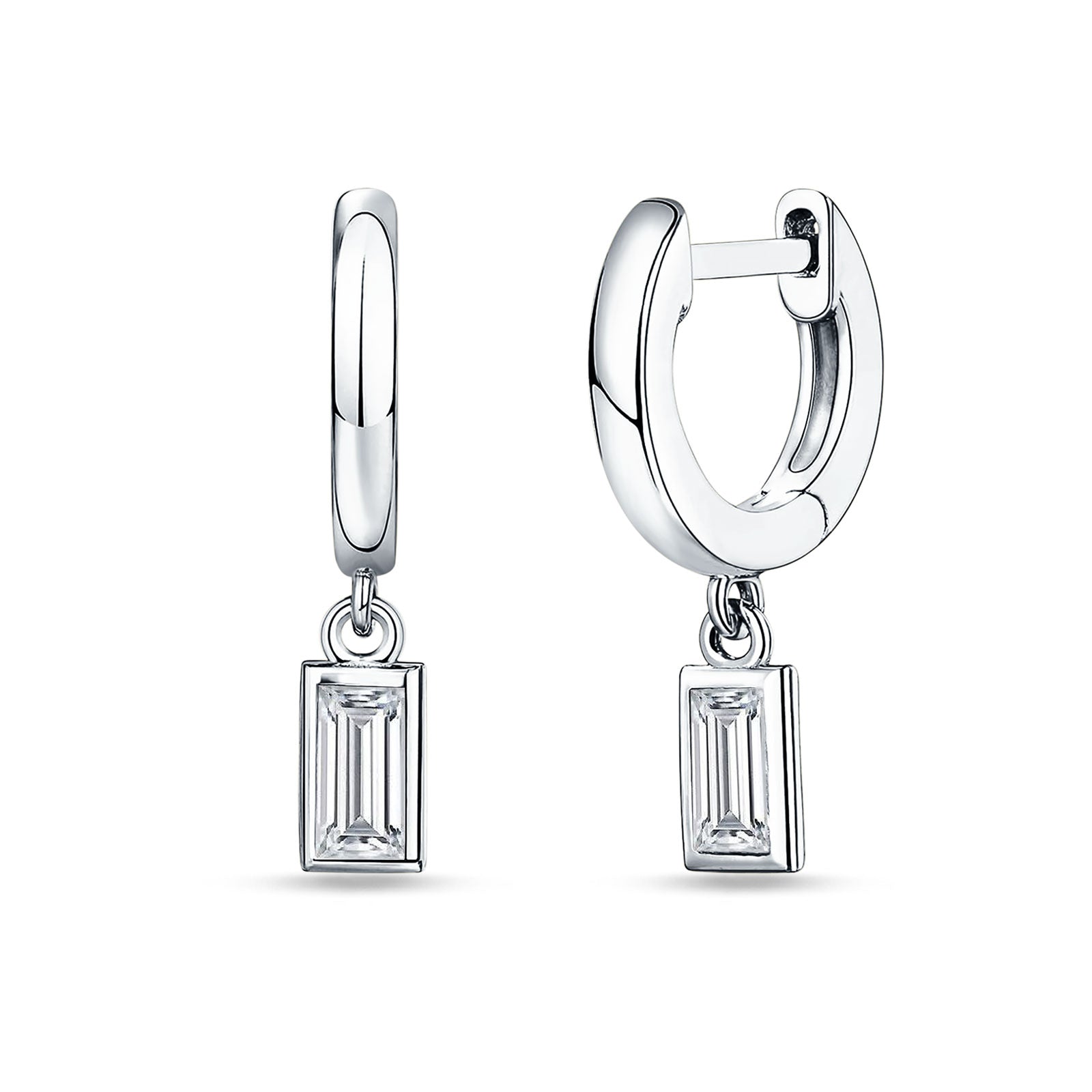 Emerald Cut Solitaire Dangling Hoop Earring Cubic Zirconia 925 Sterling Silver