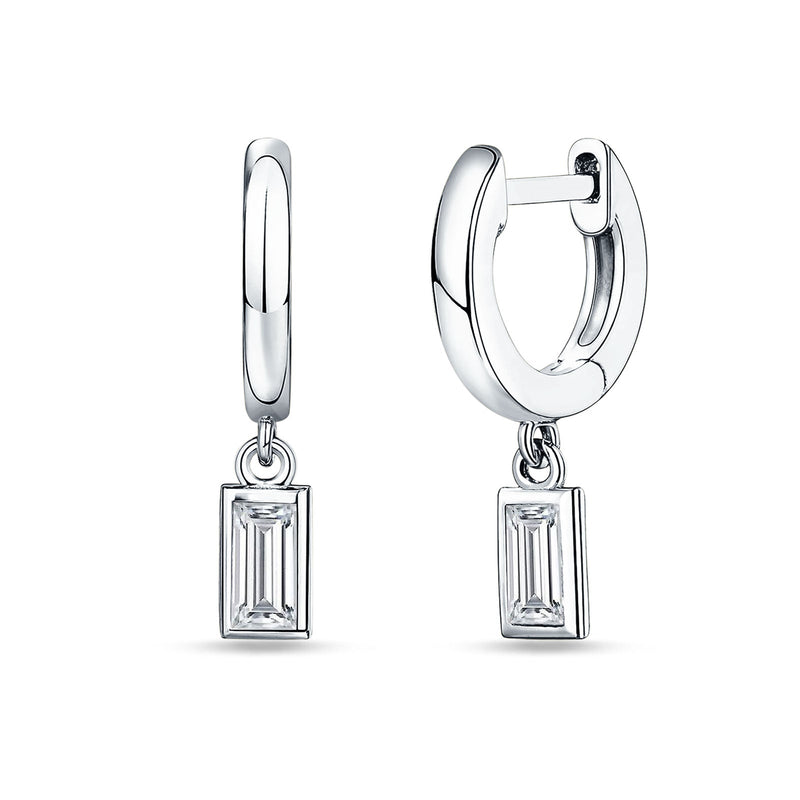 Emerald Cut Solitaire Dangling Hoop Earring Cubic Zirconia 925 Sterling Silver