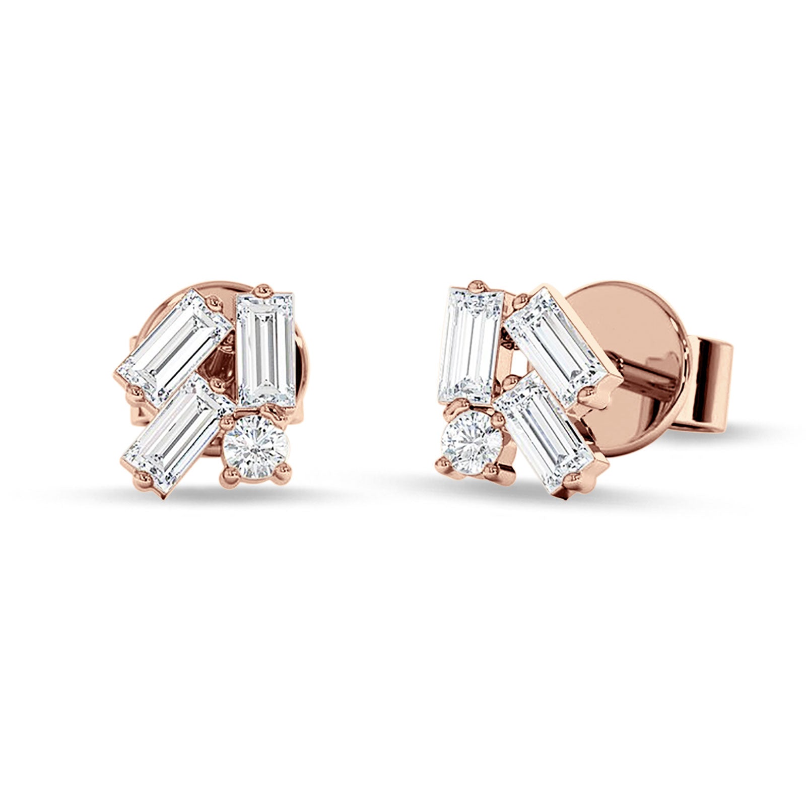 Four Stone Baguette & Round Cubic Zirconia Stud Earring 925 Sterling Silver