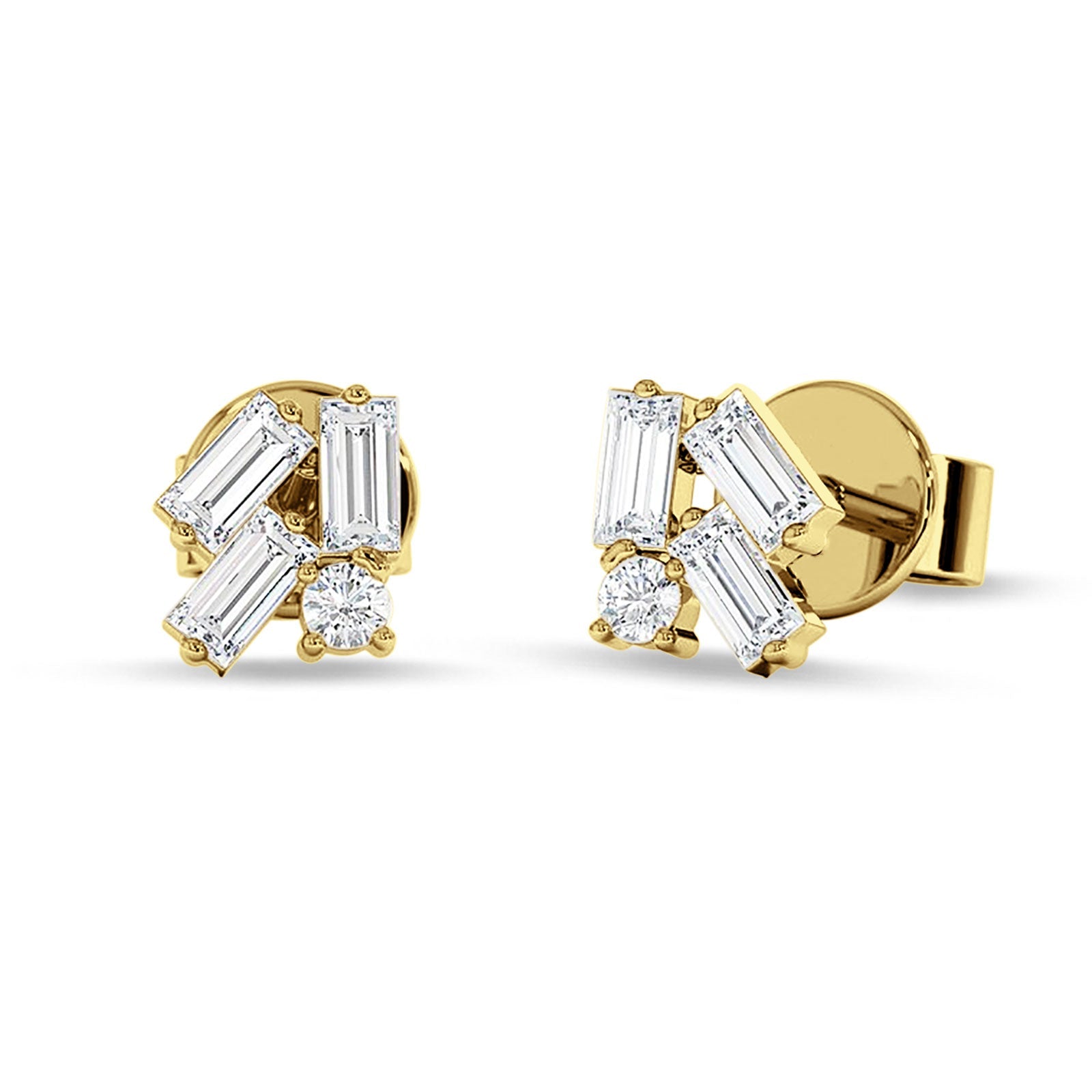 Four Stone Baguette & Round Cubic Zirconia Stud Earring 925 Sterling Silver