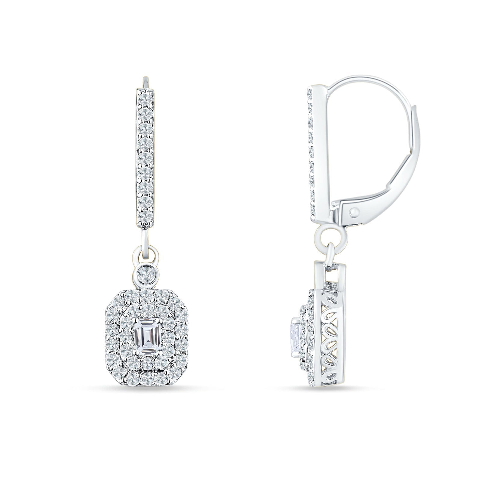 Emerald Cut CLuster Cubic Zirconia Drop Dangle Leverback Earrings 925 Sterling Silver