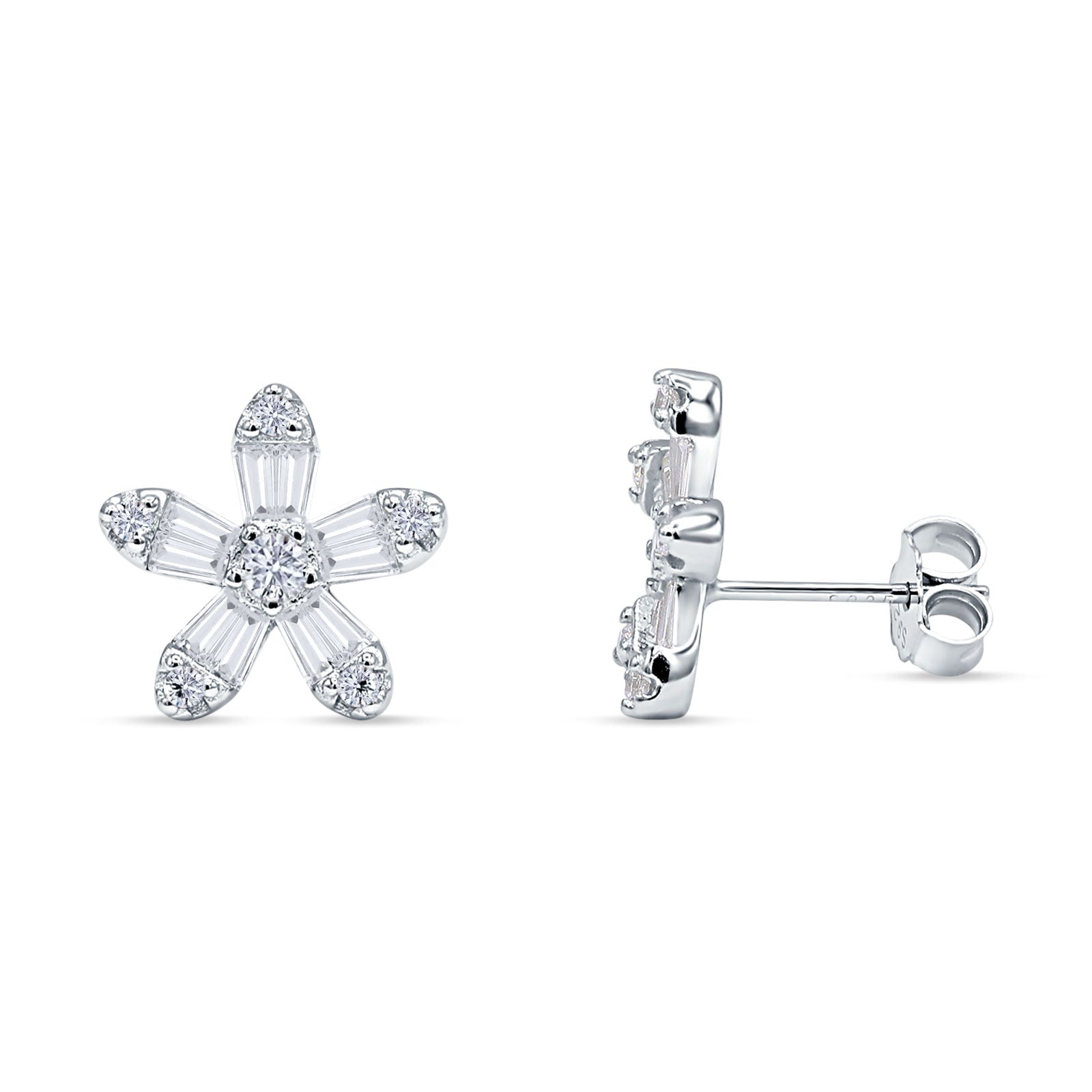 Minimalist 12.4mm Floral Stud Earrings Cubic Zirconia 925 Sterling Silver