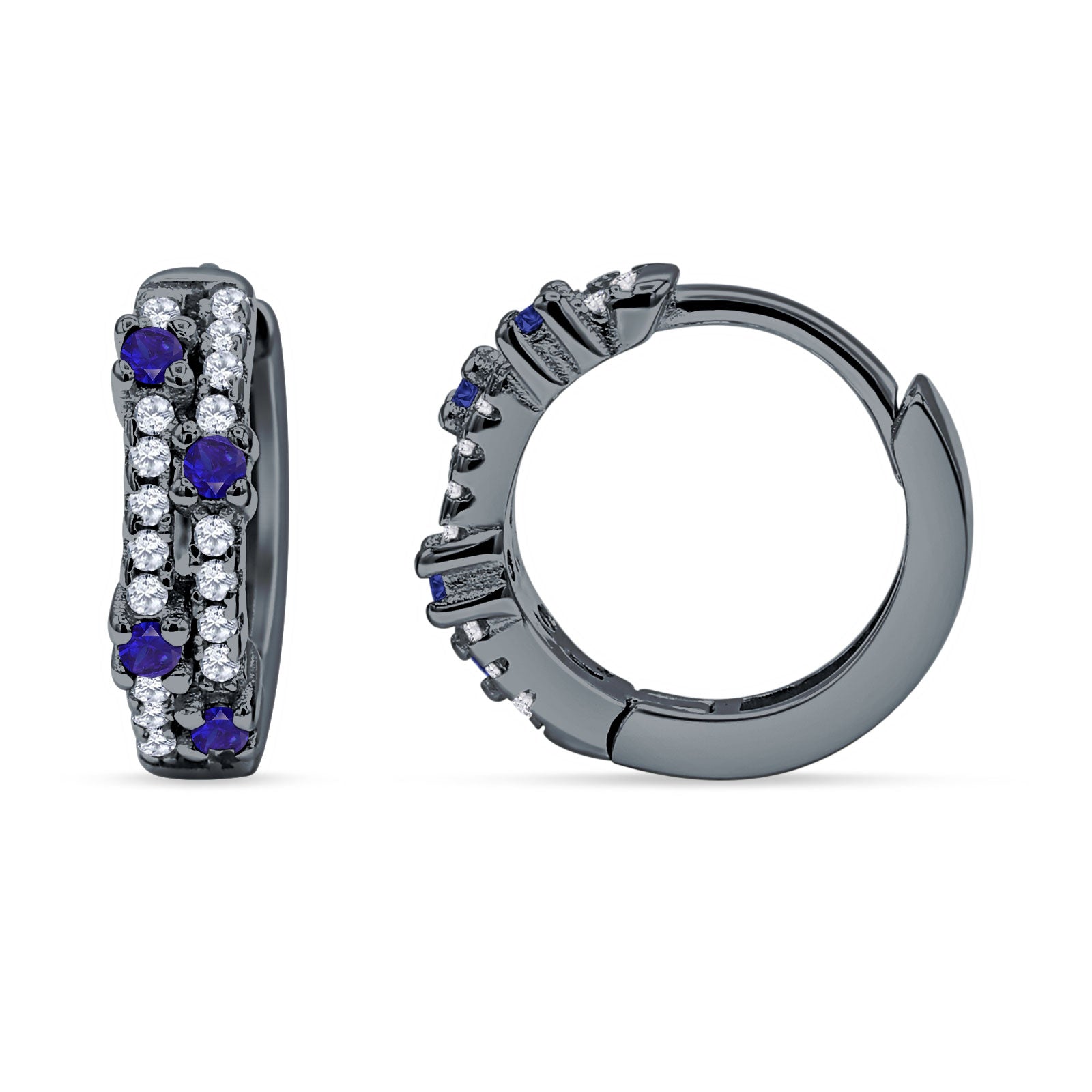 Minimalist 12.7mm Round CZ & Blue Sapphire CZ Hoop Earrings 925 Sterling Silver