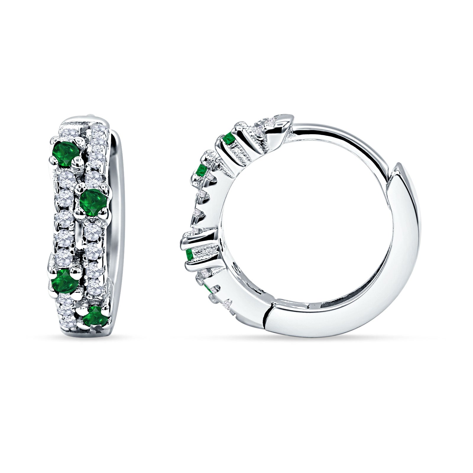 Minimalist 12.7mm Round CZ & Green Emerald CZ Hoop Earrings 925 Sterling Silver