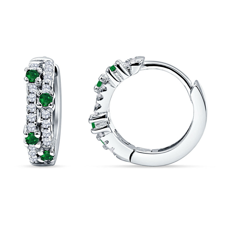 Minimalist 12.7mm Round CZ & Green Emerald CZ Hoop Earrings 925 Sterling Silver