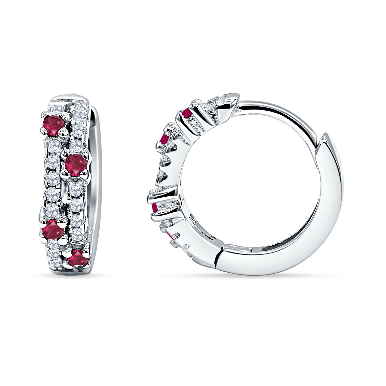 Minimalist 12.7mm Round CZ & Ruby CZ Hoop Earrings 925 Sterling Silver