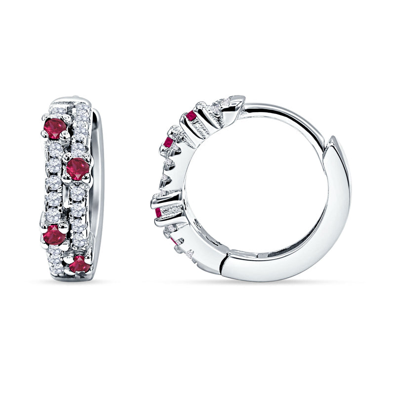 Minimalist 12.7mm Round CZ & Ruby CZ Hoop Earrings 925 Sterling Silver