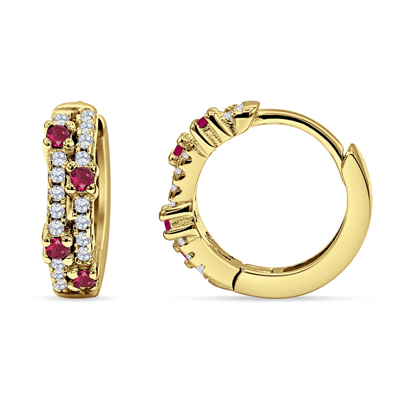 Minimalist 12.7mm Round CZ & Ruby CZ Hoop Earrings 925 Sterling Silver