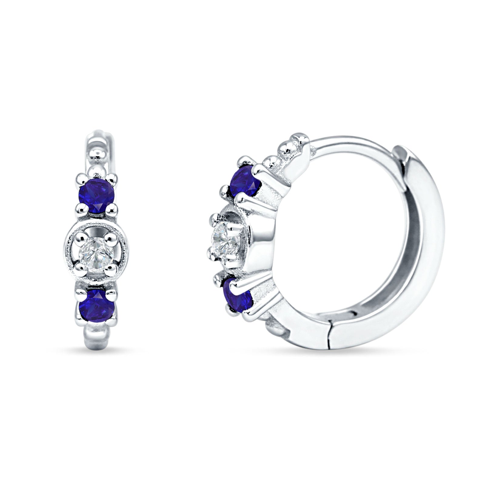 Minimalist 12mm Round CZ & Blue Sapphire CZ Trio Hoop Earrings 925 Sterling Silver