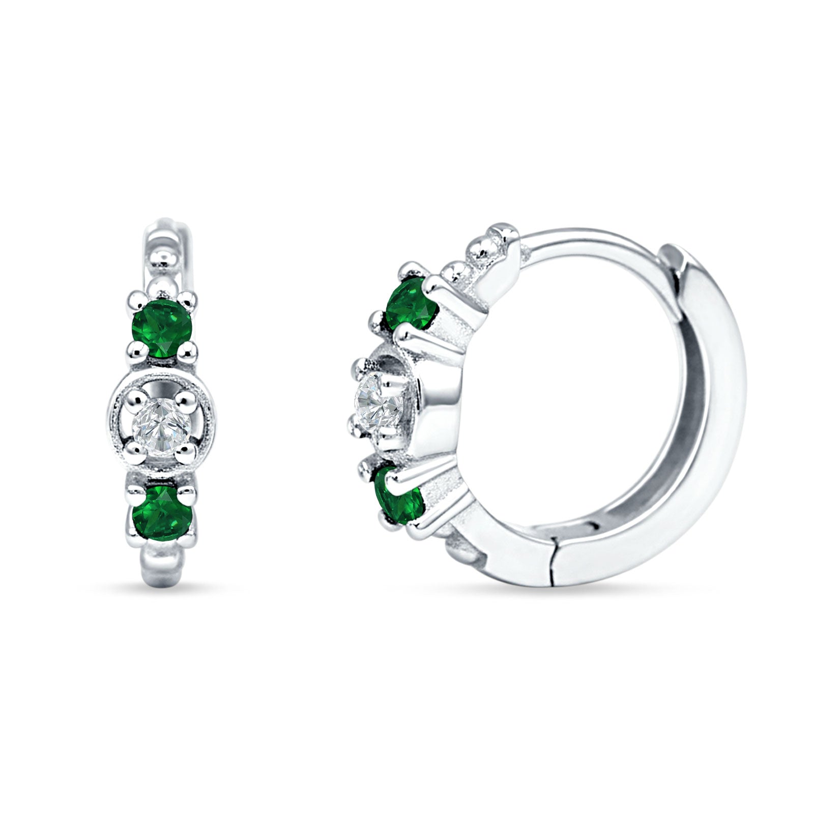 Minimalist 12mm Round CZ & Green Emerald CZ Trio Hoop Earrings 925 Sterling Silver