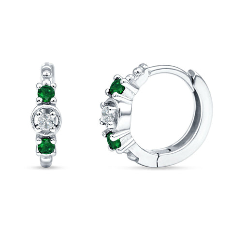 Minimalist 12mm Round CZ & Green Emerald CZ Trio Hoop Earrings 925 Sterling Silver