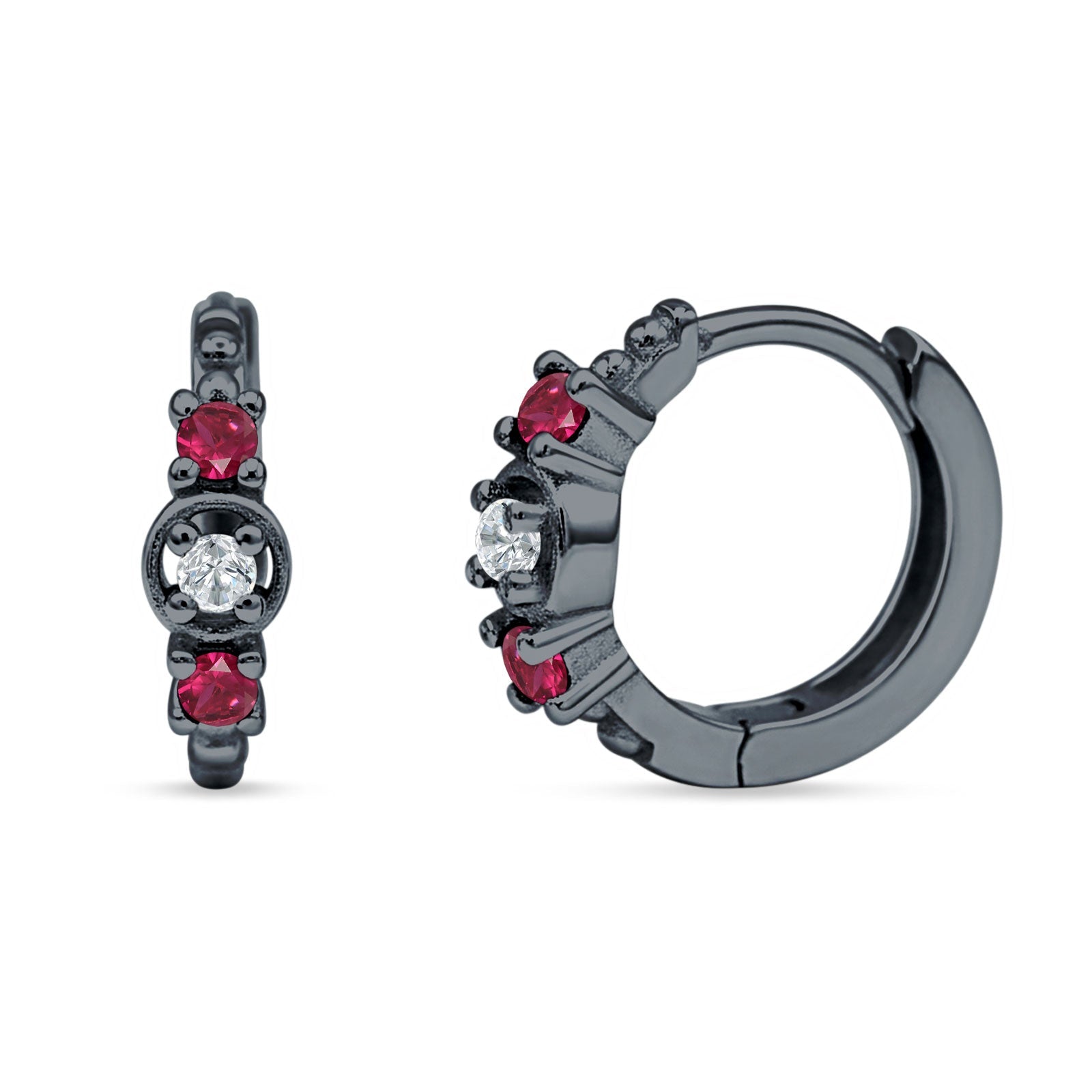 Minimalist 12mm Round CZ & Ruby CZ Trio Hoop Earrings 925 Sterling Silver
