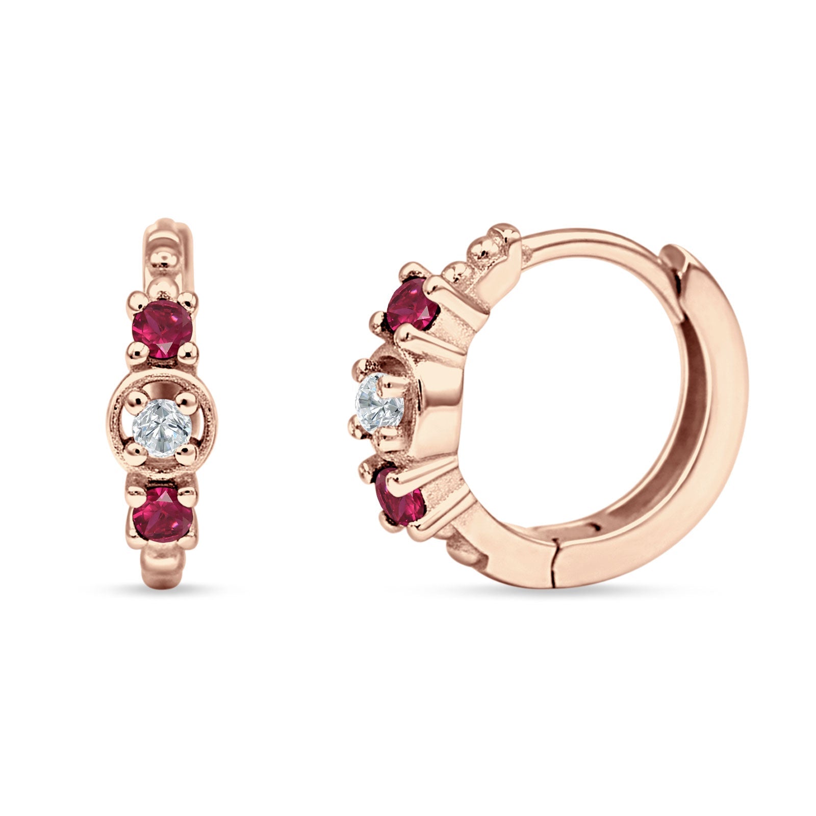 Minimalist 12mm Round CZ & Ruby CZ Trio Hoop Earrings 925 Sterling Silver