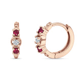 Minimalist 12mm Round CZ & Ruby CZ Trio Hoop Earrings 925 Sterling Silver