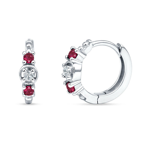 Minimalist 12mm Round CZ & Ruby CZ Trio Hoop Earrings 925 Sterling Silver