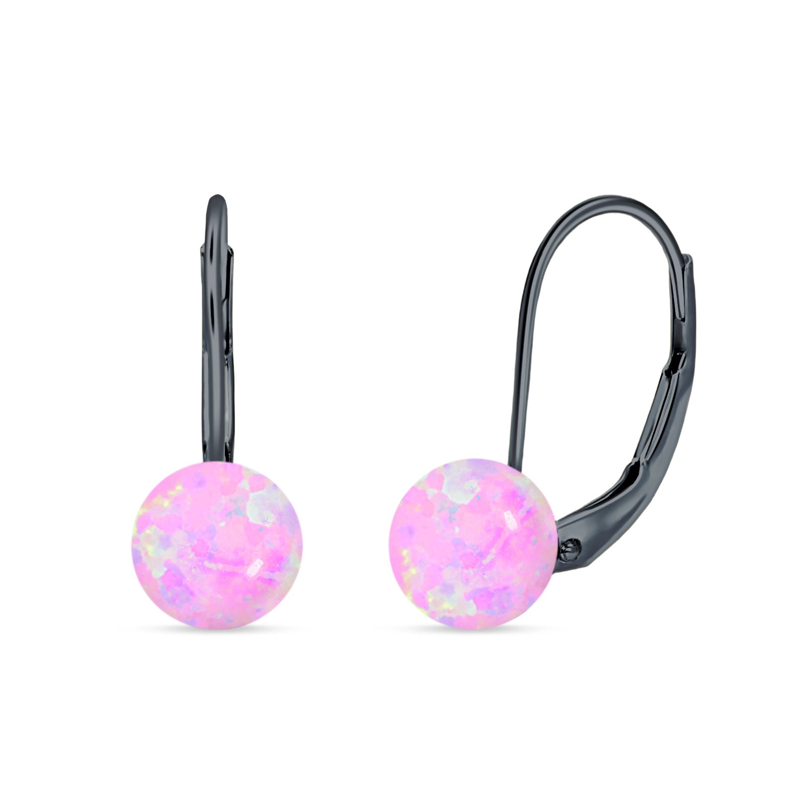 Round 8mm Lab Created Pink Opal Leverback Earrings 925 Sterling Silver