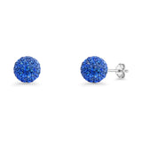 Minimalist 10mm Full Ball Stud Earrings Sapphire Blue Crystal 925 Sterling Silver