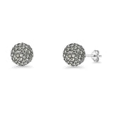 Minimalist 10mm Full Ball Stud Earrings Smokey Gray Crystal 925 Sterling Silver